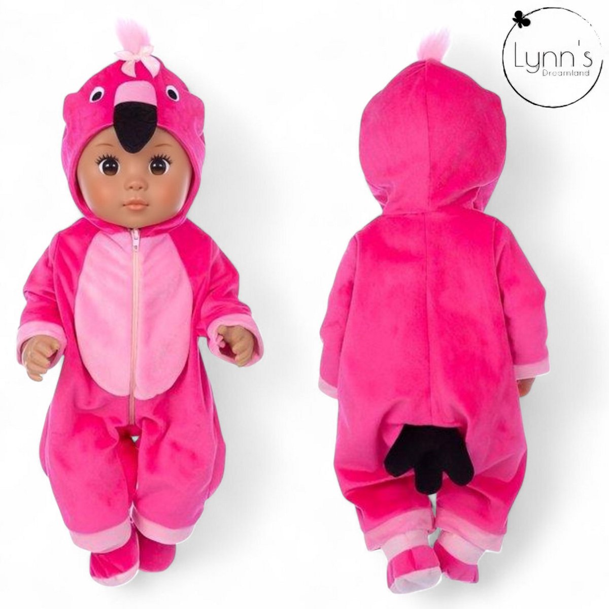 Lynns poppenkleertjes - Geschikt voor Babypop - Roze flamingo onesie - Outfit voor 43cm pop - Met slofjes - In cadeauzakje